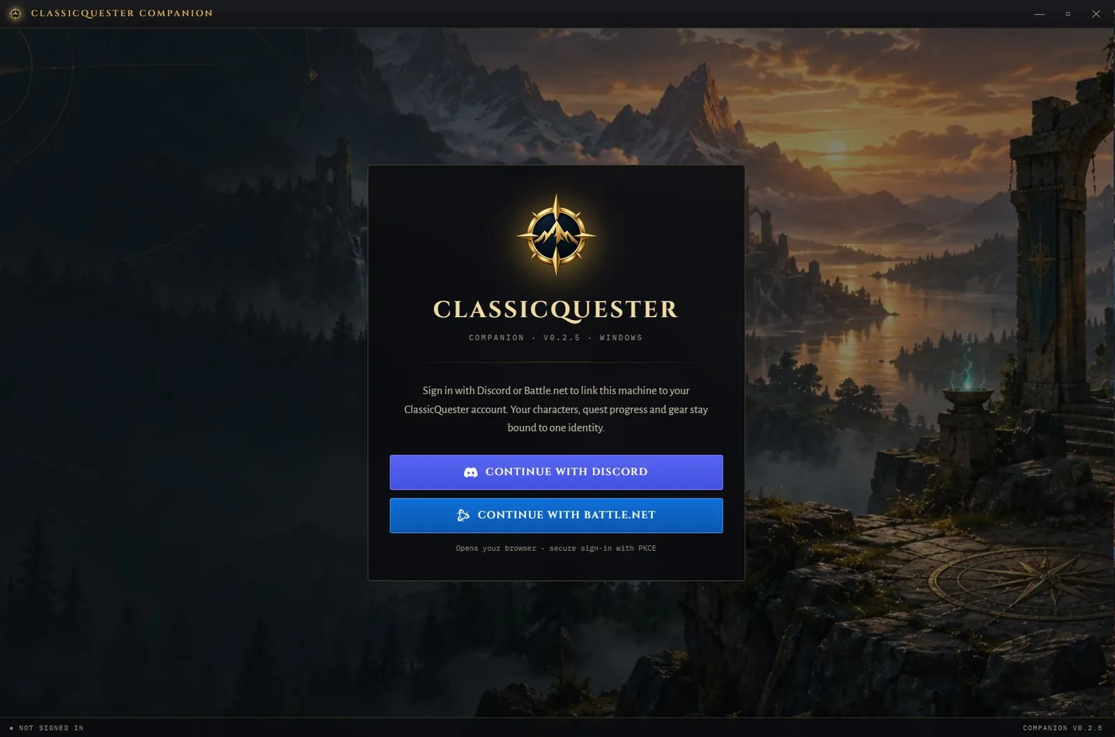 ClassicQuester Companion sign-in screen with Continue with Discord and Continue with Battle.net buttons; opens the Companion page